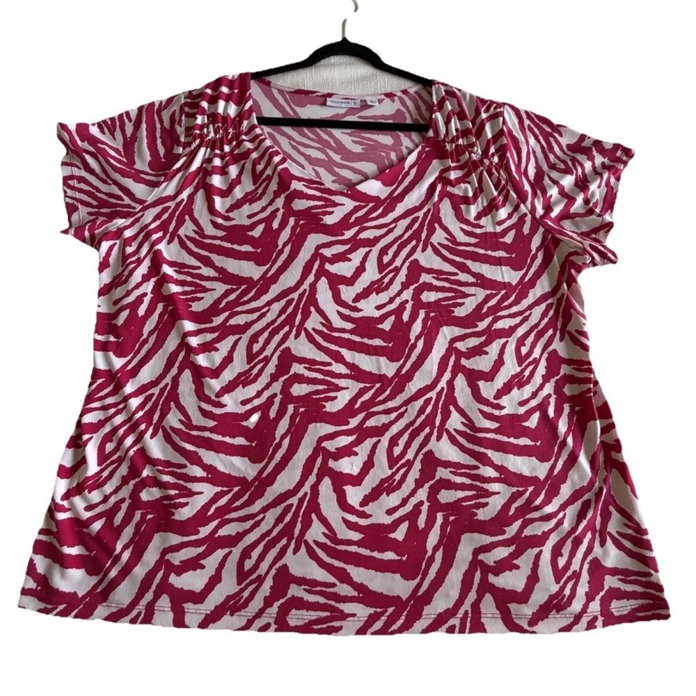 Susan Graver Womens 2X Pink Zebra Liquid Knit Flutter Sleeve Tunic Top Safari